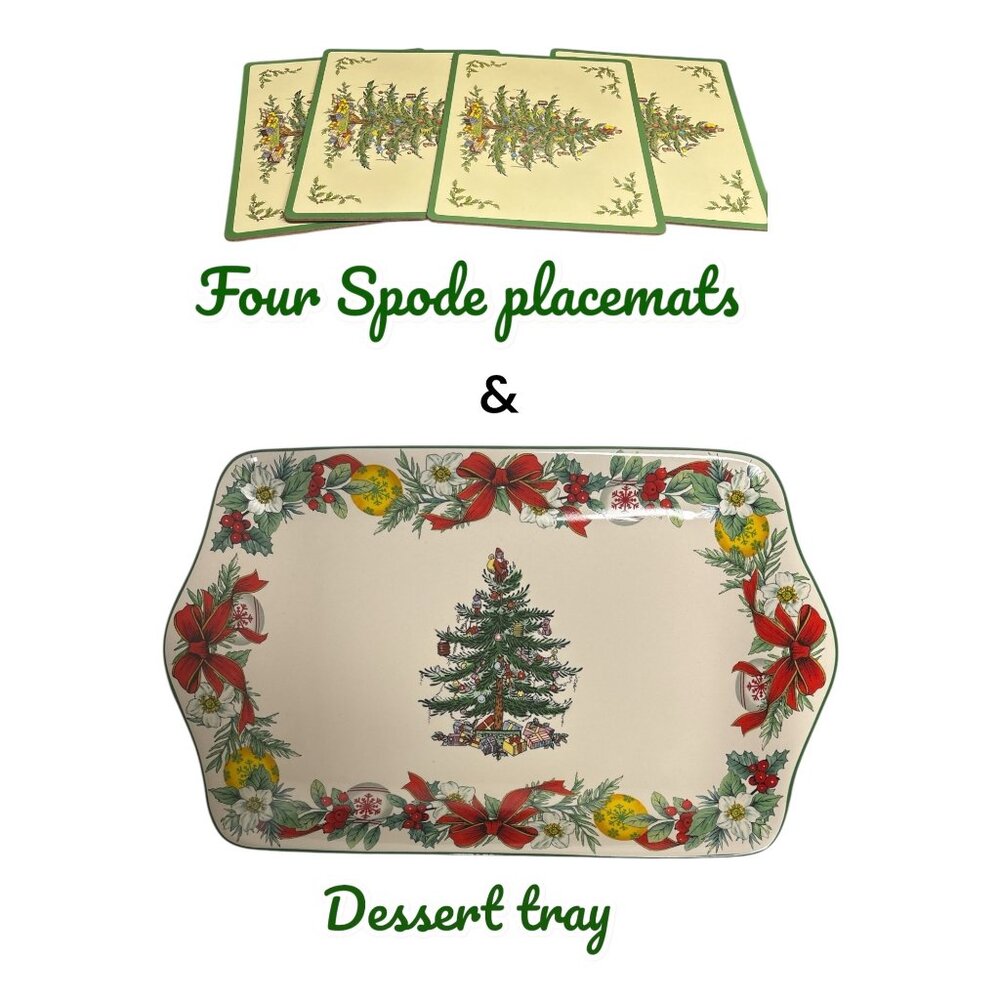 Spode Christmas Tree Dessert Tray & 4 Placemats Set